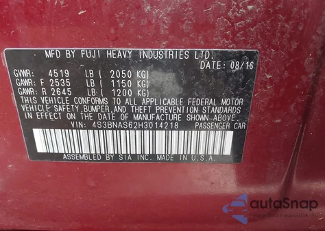 2017 Subaru Legacy 2.5I Sport from USA, damaged, VIN 4S3BNAS62H3014218